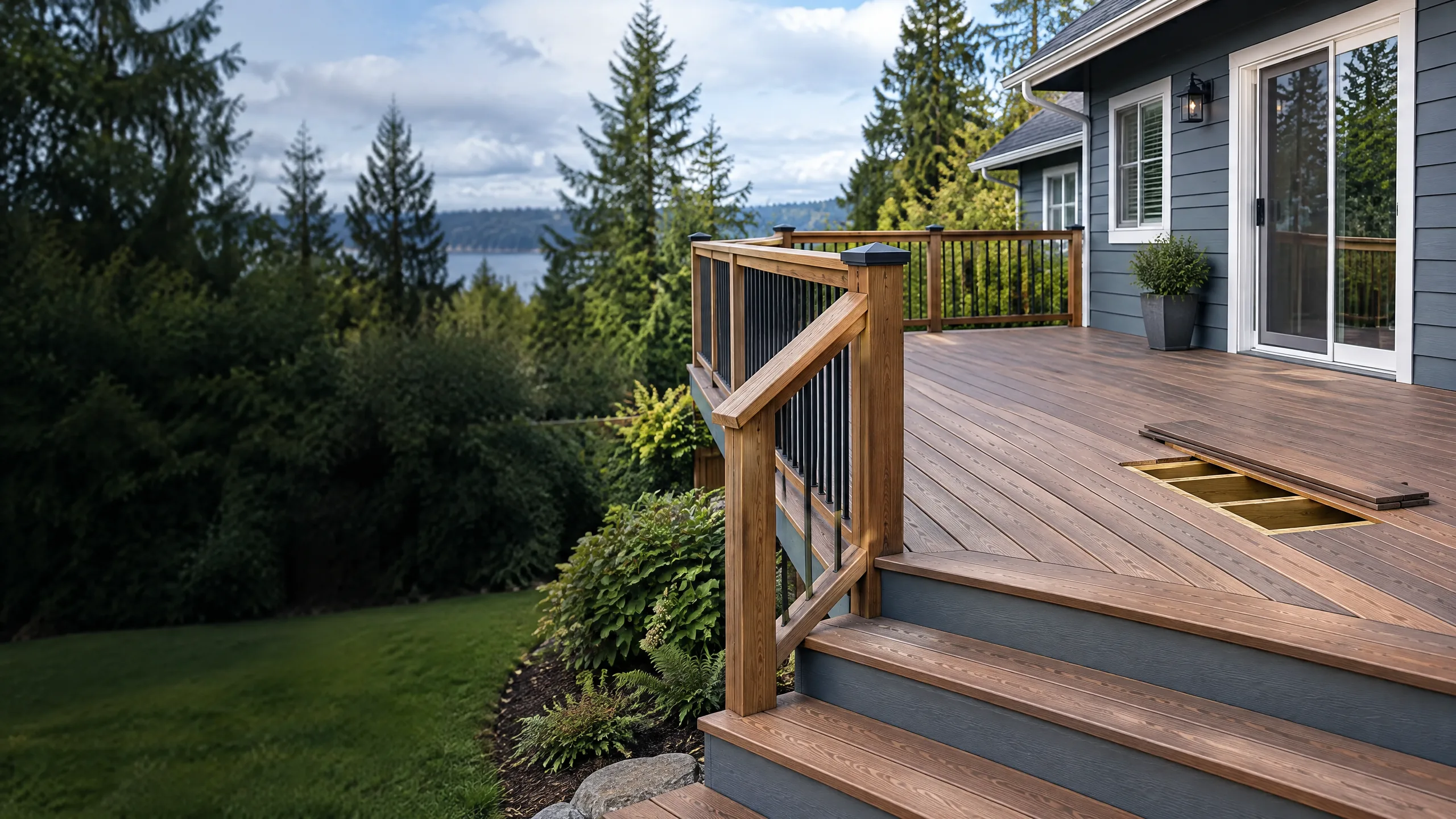 Illustrative residential deck with stairs, railing, and replacement-board planning context