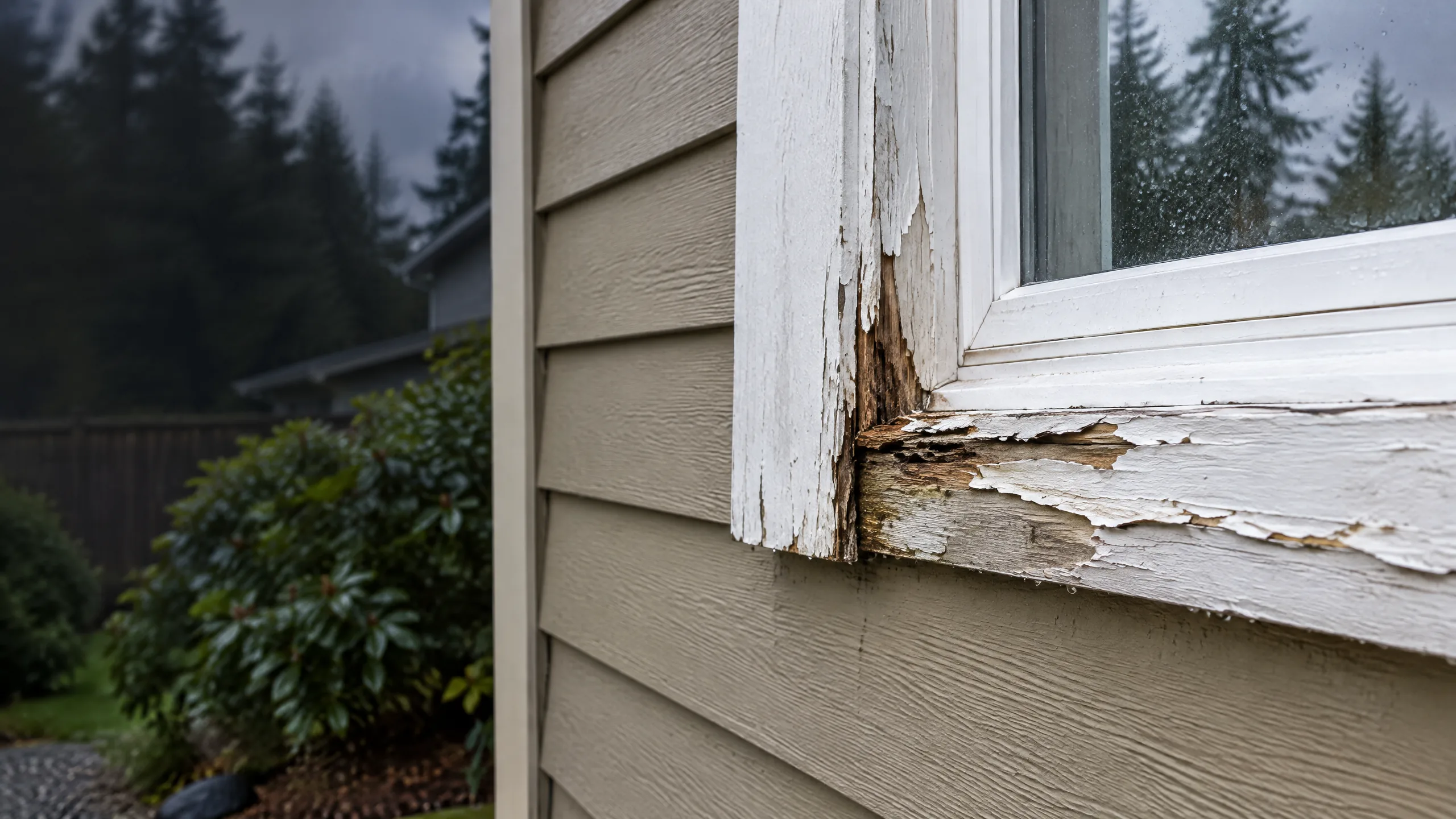 Illustrative exterior window trim with visible weather-related wood deterioration